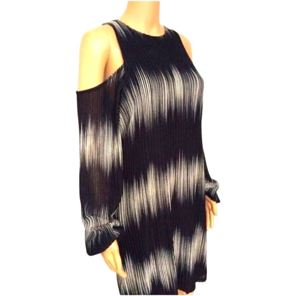CITY CHICβ Black & Silver Ombre Mesh Knit Long Sleeve Cold Shoulder Shift Dress - Picture 3 of 15